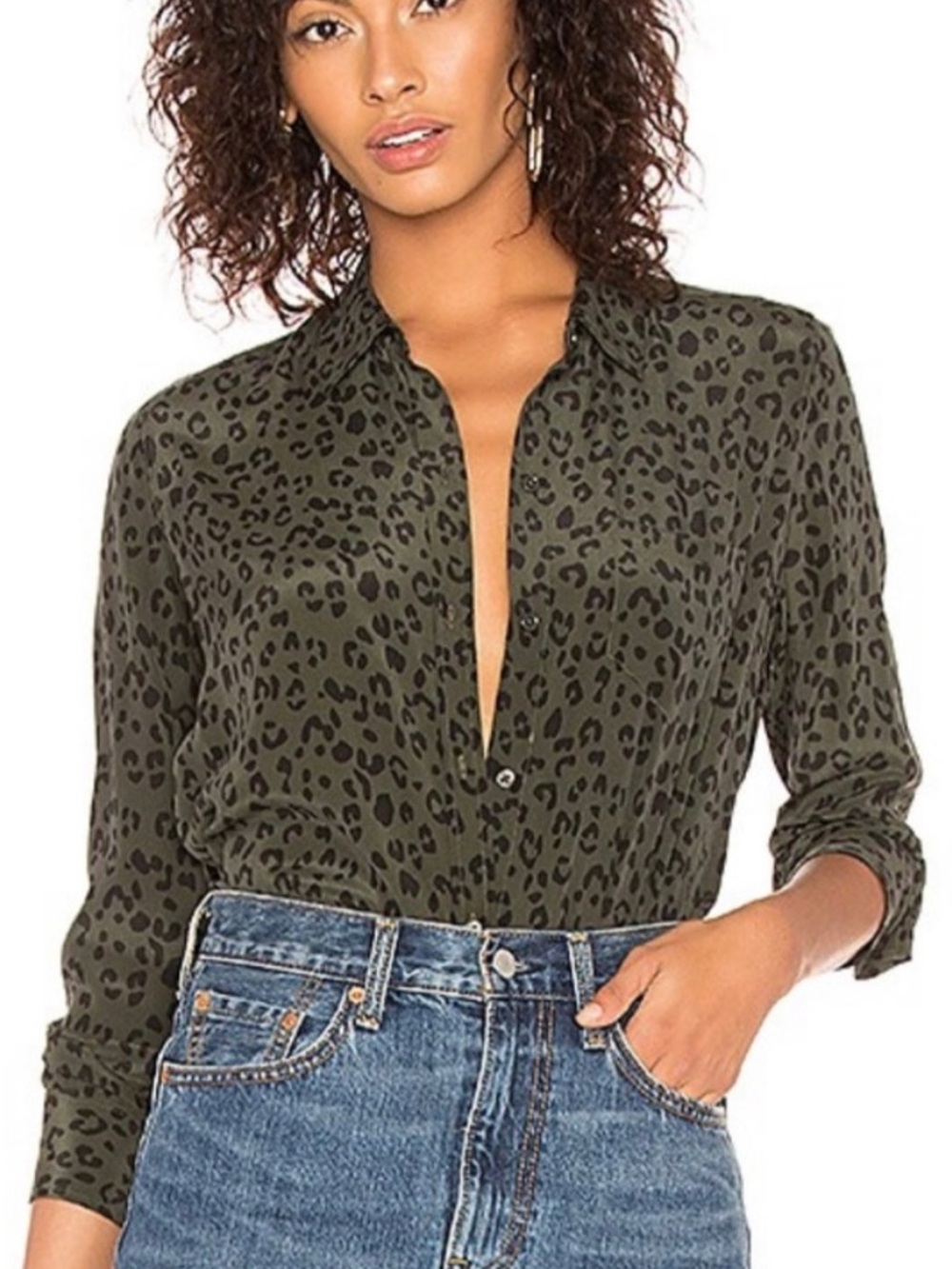 Rails Kate Silk Olive Green Leopard Print Button-Down Shirt